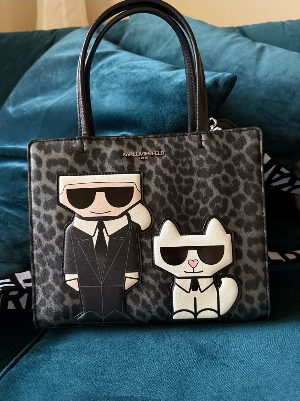 Karl Lagerfeld Leopard Print Top-Handle Bag with Karl & Choupette Patches